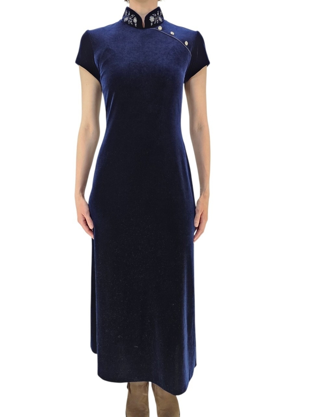 Vintage Arianna by Rachel Kaye Navy Blue Velvet Maxi Dress Embroidered Collar 10
